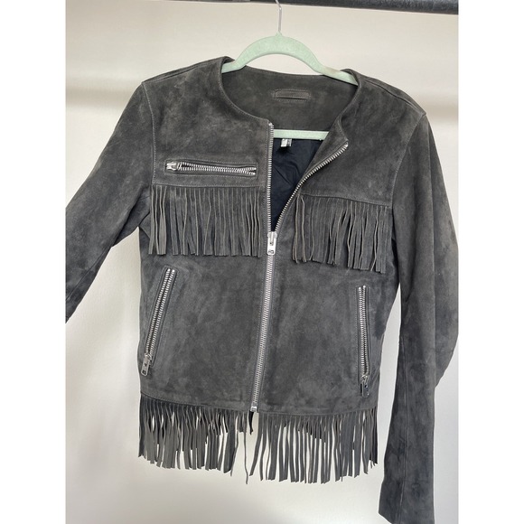 Topshop Fringe Real Leather Moto Western Jacket Gray Suede Leather SZ 10 Grey - Picture 1 of 10